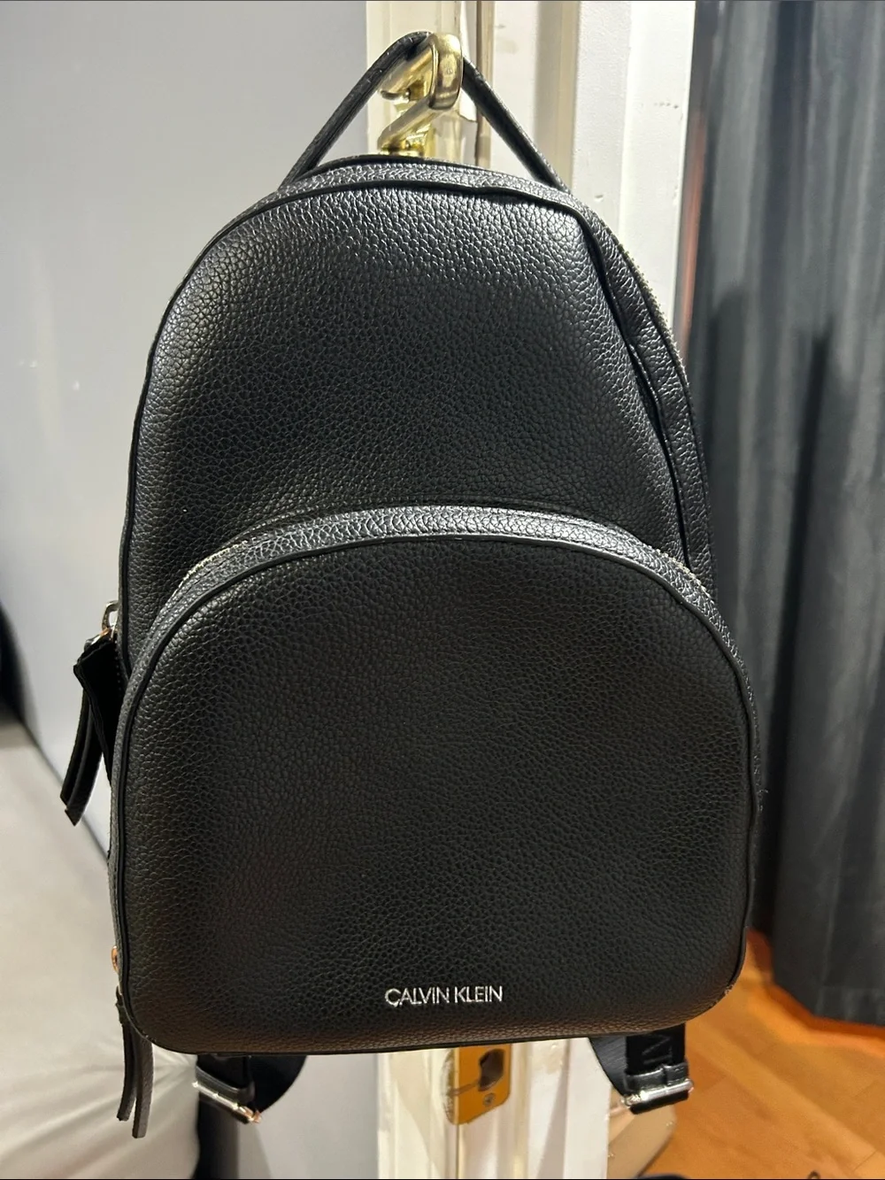 Calvin Klein Black Pebbled Leather Mini Backpack with Front Zip Pocket